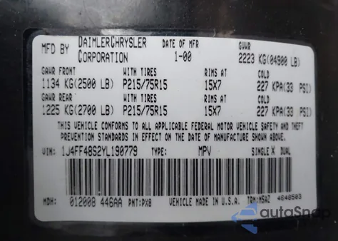 2000 Jeep Cherokee Sport z USA, uszkodzony, nr VIN 1J4FF48S2YL190779